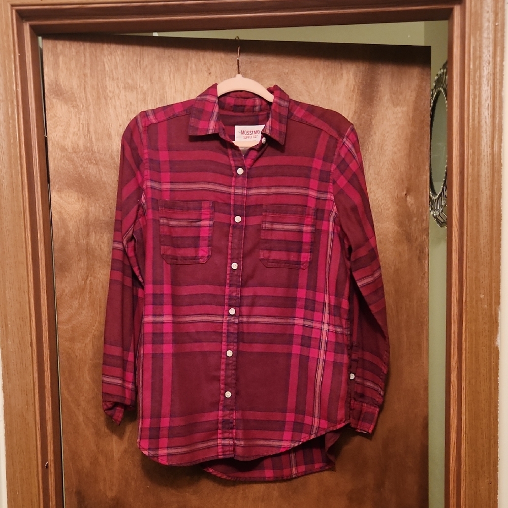 Mossimo Women's Red and Pink Plaid Button Down Shirt Size Small